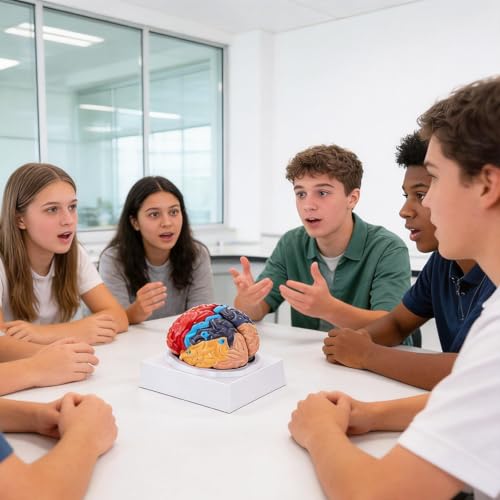 Human Brain Model, Life Size Brain Anatomy Model, 2-Part PVC Brain Model with Laser-Engraved Numbers, Color-Coded Regions, Base & Reference Card for Science Education & Anatomy Study