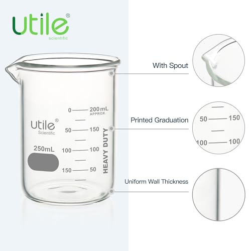 Utile 6 Pcs 250ml Glass Beaker Set, Chemical Glass Beakers, Low Form Borosilicate 3.3 Glass Lab Beaker with Printed Graduation, 4000.0250.6 - style: 250 ml (6pcs)