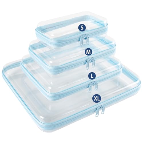 4PCS Clear Hard Shell Zippered Case,4 Sizes Durable Clear Travel Toiletry Bag, Waterproof Cosmetic Bag, Toy Storage Organizer Bins,Pencil Case - Blue - color: Blue