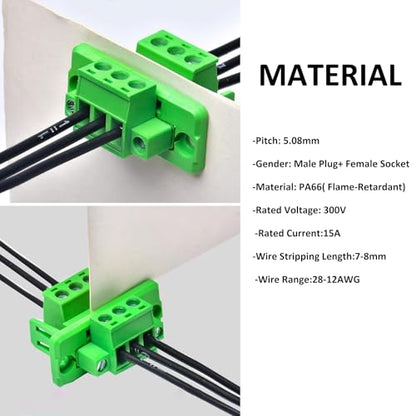 5 Set 3 Pin 5.08mm Pitch Screw Terminal Panel Mount, Through-Wall Phoenix Connectors-24-12 AWG,300V 15A - size: 3P-5Set