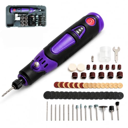 Cordless Rotary Tool Kit, 3.6V Mini Rotary Tool with 82 Accessories, 3 Variable Speed Rechargeable Engraving Pen for Wood, Glass, Metal, Electric Grinder for DIY Crafts, Sanding, Polishing - color: Purple (Indicator Light)