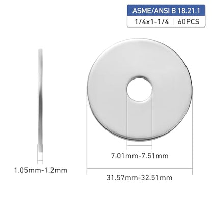 60PCS 1/4" x 1-1/4" Fender Washers, 304 Stainless Steel 18-8, Thickened 1/4 Fender Washer,1/4" ID x 1-1/4" OD - color: Silver, size: 1/4x1-1/4"