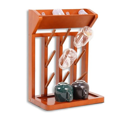 Brown Vertical Bottle Drying Rack Rubber Wood 9 Hooks, Use for Bottles, Cups, Mugs, Glasswine, Space Saving Storage Shelf Bottle Holder Dryer Kitchen