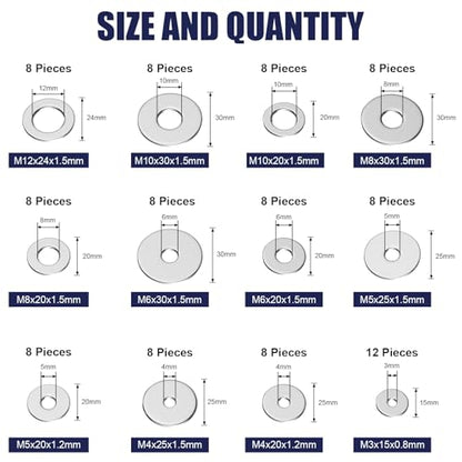 WEGOUP 100Pcs Flat Washers for Screws, 304 Stainless Steel M3-M12 Assorted - size: 12 Sizes 100 Pieces