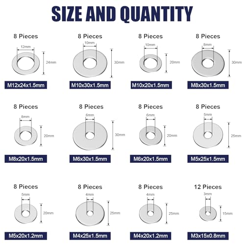 WEGOUP 100Pcs Flat Washers for Screws, 304 Stainless Steel M3-M12 Assorted - size: 12 Sizes 100 Pieces