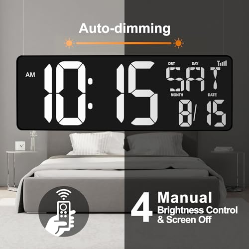 XREXS 16.5 in Large Display Wall Clock with Temperature/Date/Week, LED Big Digital Timer Clock with Remote Control, Alarm Clock for Home and Office, Auto-dimming - color: White