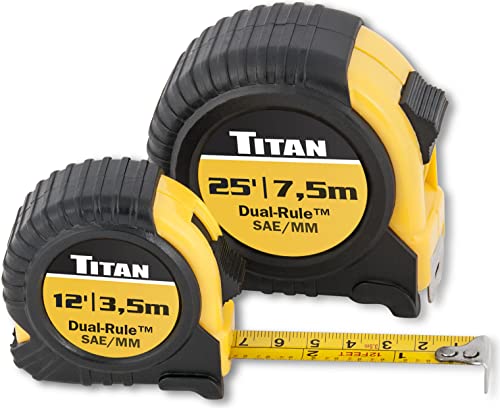 Titan 10903 Tape Measure with Easy-Read Standard Markings and Durable Case, 2-Piece Set, 12-Foot and 25-Foot - size: 3.7 m