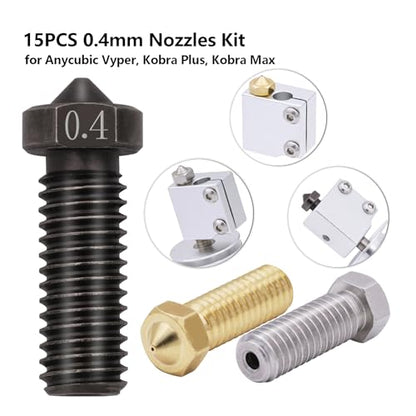 15PCS Nozzles Kit for Anycubic Vyper, 3D Printer Parts 5PCS Hardened Steel + 5PCS Stainless Steel + 5PCS Brass 0.4mm Nozzles Kit for Vyper, Kobra Plus, Kobra Max - style: Vyper Brass+Harden Steel+Stainless steel - 0.4mm