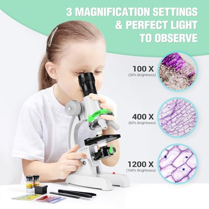 Uarzt Kids Beginner Microscope Science Kit with 100X-1200X, 13 Prepared Slides & DIY Blank Slides, 18MM HD Len, LED Light Adjustable and ABS Box, Microscope for Kids 5-7 8-12 - color: White