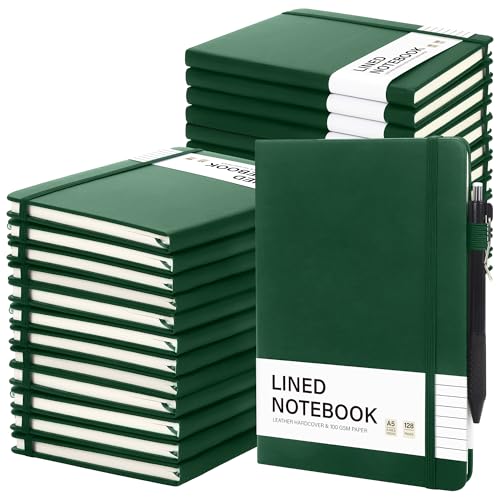 Aodaer 30 Set Lined Notebook Journals with Pens A5 Notebooks 100 GSM College Ruled Hardcover Notebook PU Leather Notepad with Pen Holder for Office School, 5.7 x 8.3 Inches, Dark Green - color: Dark Green