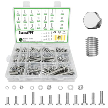 328 Pcs 1/4"-20,5/16"-18,3/8"-16 UNC Stainless Steel Hex Head Screw Kit - size: 1/4,5/16,3/8-328Pcs