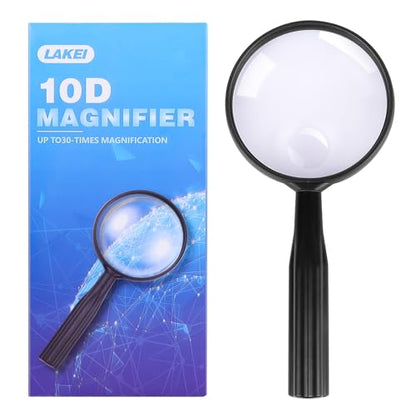 Lakei 10X Handheld Reading Magnifier Glass, Non-Slip Handle,75mm(Black) - color: Black, size: 75mm