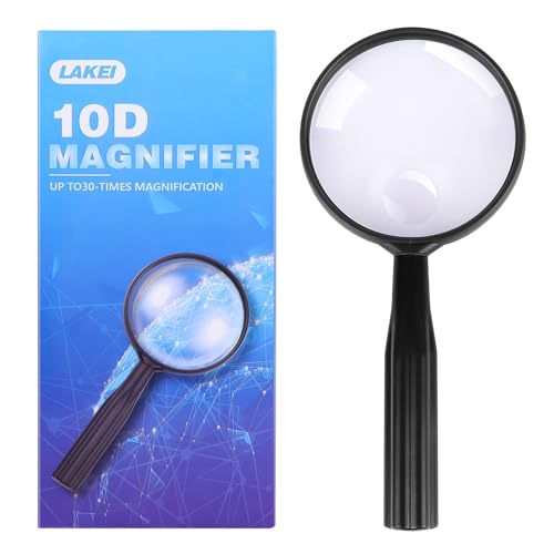 Lakei 10X Handheld Reading Magnifier Glass, Non-Slip Handle,90mm(Black) - color: Black, size: 90mm