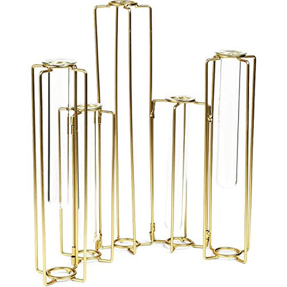Juvale 6-Pack Metal Hinged Bud Vases Stand - 14 x 11.8 in, Gold, Modern - Lantern Centerpieces, Tulipiere & Flower Stick Holder with Metal & Glass Test Tube Floral Vases - size: 14 x 2 x 11.8 inches