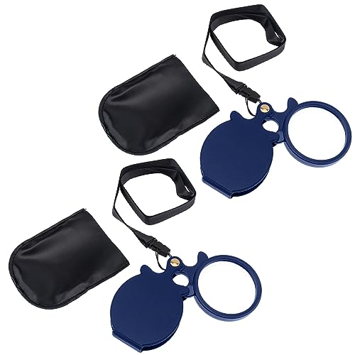 10X Small Pocket Magnifier Glass, Mini Folding Magnifying Lense with Protective Sheath & Lanyard Necklace for Seniors Reading, Inspection, Kids for Exploration, Elders Gift, 2.36'' Lens, (2pcs Blue)