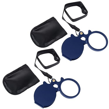 10X Small Pocket Magnifier Glass, Mini Folding Magnifying Lense with Protective Sheath & Lanyard Necklace for Seniors Reading, Inspection, Kids for Exploration, Elders Gift, 2.36'' Lens, (2pcs Blue)