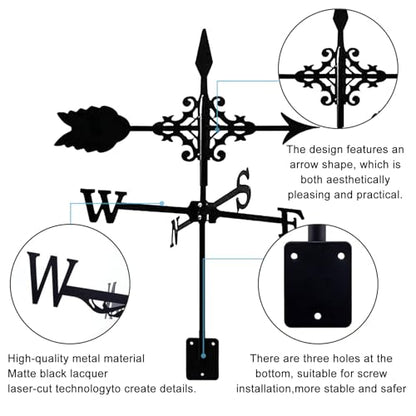Metal Weather Vane Black Wind Vanes Indicator Wind Measuring Tool Weathervane Roof Mount for Gardens Outside Farmhouse Farm Barn Sheds Patio Decorations