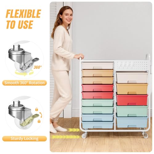 14 Drawer Rolling Storage Cart with Tabletop and Pegboard for Craft Color - color: Rainbow