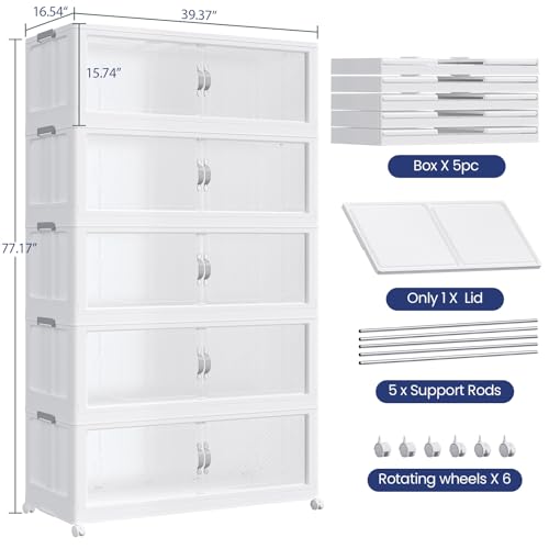 1600QT Extra Large Stackable Storage Bins with Lid, 400Gal Plastic Closet Organizers and Storage Drawer, Collapsible Cabinet Box with Wheels Clear Doors for Home Kitchen Garage, 5Pack White - color: White, size: 320QT-5Pack