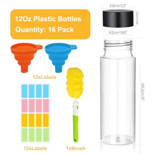 DI QIU REN 16 Pack Clear Plastic Bottles Empty Sensory Bottles with Caps – Reusable Juice Bottles Drink Containers Leakproof Water Bottle for Juice Milk (Black Lids, 12 oz / 350 ml) - size: 16 Pack 12 oz/ 350 ml