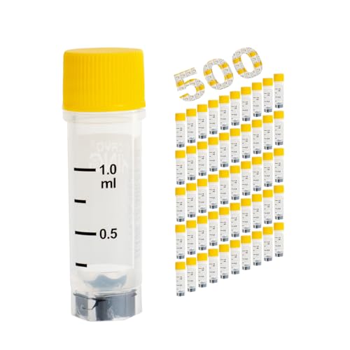 Multi-Coded Cryovials, 1.0ml Cryotubes, 500 Pcs Sample Vials, Sterilisation Tubes with Yellow Caps, Polypropylene Lab Vials for Low Temperature Storage from -196°C to 121°C - color: Yellow, size: 1.0ml