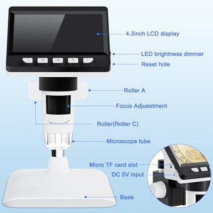 4.3" Digital Microscope for Adults, USB Coin Magnifier with 8 Adjustable Lights, 1000X Magnifying Glass, 1080P Resolution,Save Photos & Videos,Compatible with Windows/MacOS, White - color: White