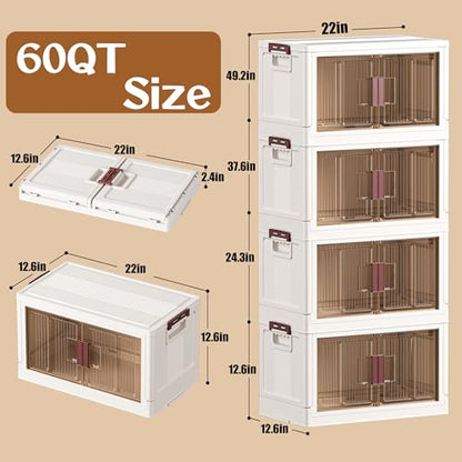 60GAL/240QT 4 tier large stackable storage bins with lid and wheels, collapsible storage bins plastic with doors，suit for clothes, closet, home and office - size: 60QT, style: 4 Pack with 1 top lid