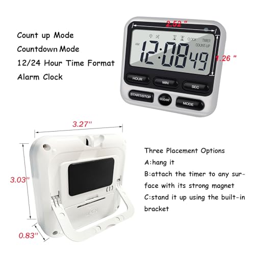 2-Pack Digital Dual Kitchen Timers with Magnet, 24-Hour Countdown & Stopwatch, Loud Alarm, 12/24H Clock, Calendar, Mute Mode, Visual Indicator, Batteries Included (Black)