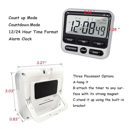 2-Pack Digital Dual Kitchen Timers with Magnet, 24-Hour Countdown & Stopwatch, Loud Alarm, 12/24H Clock, Calendar, Mute Mode, Visual Indicator, Batteries Included (Black)