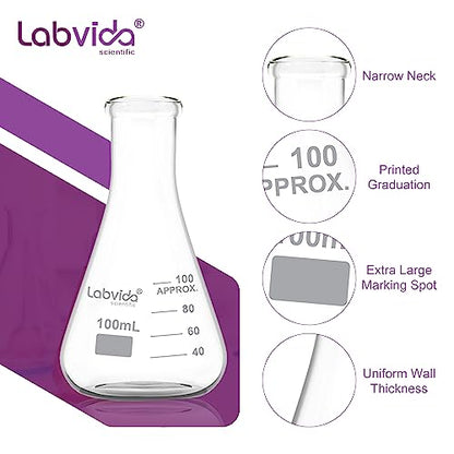 6pcs 100ml Narrow Mouth Glass Erlenmeyer Flasks, LVC009 - style: Vol.100ml, Pack of 6