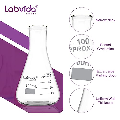 6pcs 100ml Narrow Mouth Glass Erlenmeyer Flasks, LVC009 - style: Vol.100ml, Pack of 6