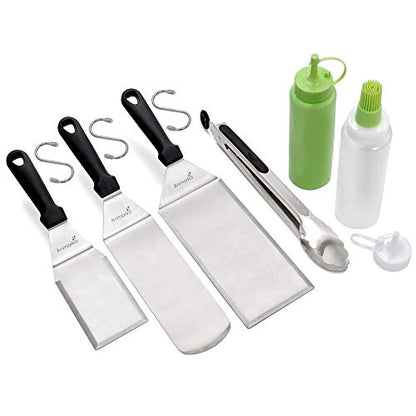 Metal Spatula Set of 6 - Griddle Accessories kit - Grill Flat Spatula Pancake Flipper Hamburger Turner - Metal Utensil Great for BBQ Grill Flat Top Cast Iron Griddle - Commercial Grade - color: Plastic handle set + tongs and bottles