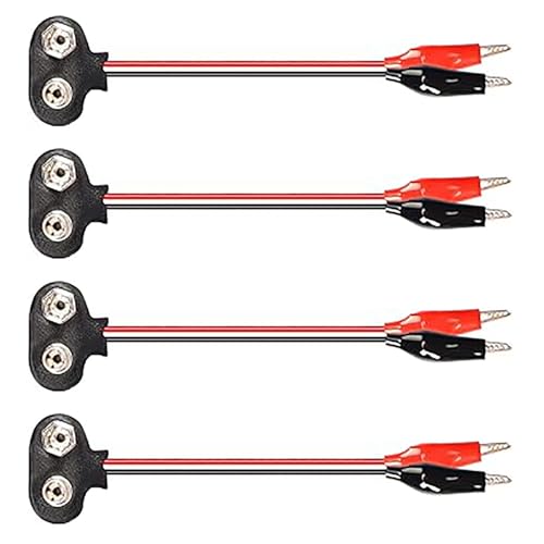 4PCS T Shape 9V Battery Snap Connectors 15cm Positive and Negative Snap Leads to Dual Alligator Clip Cables for Connecting Power Modules Breadboard Electrical Engineering