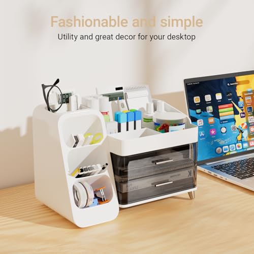 White Desk Organizer with Drawers, 2-Tier Desktop Organizer with Pen Holder, Office Supply Organizer for Desk Organization and Storage