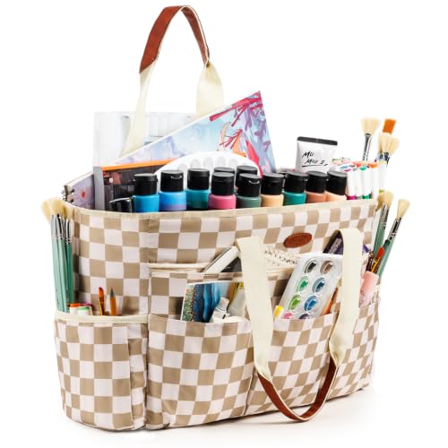 APOFFICE Art Supply Organizer, Large Craft Organizer Tote Bag, Craft Tote - color: Khaki