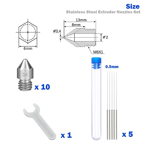 Lokkr 3D Printer Stainless Steel Extruder Nozzles Set, 10PCS Stainless Steel 0.4MM MK8 Nozzles, 5PCS 0.4MM Nozzles Cleaning Needles with Wrench for Makerbot Creality CR-10/Ender 3/3 V2/3 S1/5 Prusa i3 - style: Stainless Steel Extruder Nozzles Set