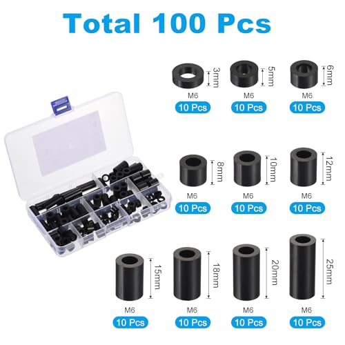 PATIKIL M6 Nylon Spacer Set, 100Pcs Non-Threaded ABS Round Spacer Standoff Assortment Electrical Outlet Spacers for PCB Motherboard, Circuit Board, Switch and Receptacle, Black - color: Black, size: M6