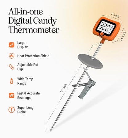 Digital Candy Thermometer with Pot Clip, 10" Long Stainless Steel Probe, Instant Read Kitchen Thermometer for Cooking, Baking, and Candy Making - color: Orange