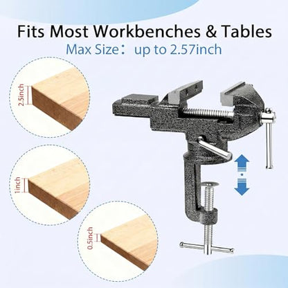 Small Bench Vise 3.2" Clamp-On, 360° Swivel Hobby Table Vise