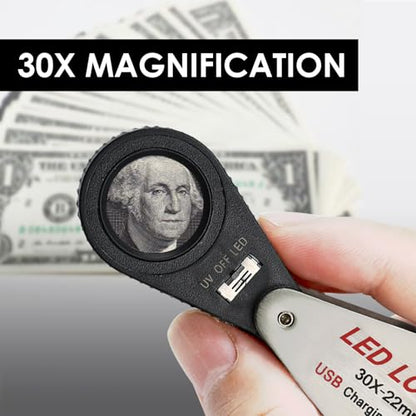 30X Loupe Magnifier USB Rechargeable 6 White and 6 UV Lights, 22mm Optical Lens Illuminated Pocket Foldable Eye Loupe Sewing Magnifying Glass for Watches, Coins, Currency, Stamps,Circuit Board