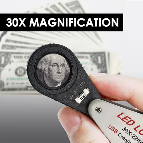 30X Loupe Magnifier USB Rechargeable 6 White and 6 UV Lights, 22mm Optical Lens Illuminated Pocket Foldable Eye Loupe Sewing Magnifying Glass for Watches, Coins, Currency, Stamps,Circuit Board
