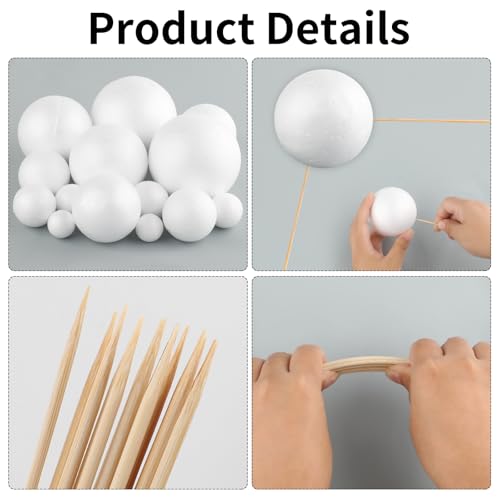 40PCS Solar System Model Kit, 20 Mixed Sized White Polystyrene Spheres Balls Foam Balls, with 20 Pieces 24 cm Long Bamboo Sticks for Kids School Science Projects DIY Planet Crafts