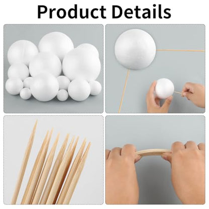 40PCS Solar System Model Kit, 20 Mixed Sized White Polystyrene Spheres Balls Foam Balls, with 20 Pieces 24 cm Long Bamboo Sticks for Kids School Science Projects DIY Planet Crafts