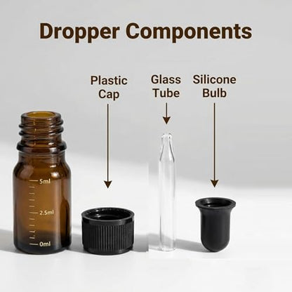 ericotry 3 Pcs 5ml 0.17oz Empty Refillable Amber Glass Graduated Dropper Bottle Essential Oil Cosmetics Elite Fluid Container Jar Pot Holder with Glass Pipette Dropper - size: 5 ml