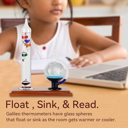 Lily's Home Galileo Thermometer with Etched Glass Globe Barometer 64ºF–80ºF, A Timeless Design with Wood Base, Gift for Friends and Family, Holiday Gift, Indoor & Outdoor Home Décor (9 in x 12 in) - style: Glass Globe Barometer