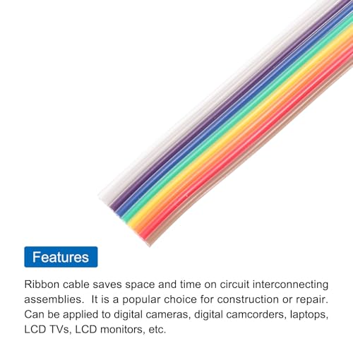 MECCANIXITY 1 Pcs 9 Pin Flat Rainbow Ribbon Cable 20 Ft 1.27mm Pitch Breadboard Jumper Wires for Electronic Projects - size: 20 Ft, style: 9P