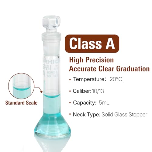 5 ml Volumetric Flask,Clear,3.3Borosilicate Glass,Class A,NS10/13 Glass Stopper,Laboratory Project (Pack of 2) - color: Clear, size: 5ml