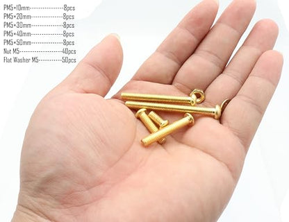 LBY 130pcs Machine Screws Assortment Kit, M5 Phillips Pan Head Bolts, 5 Sizes (with Nuts and Flat Washers), Copper (Yellow) - size: M5