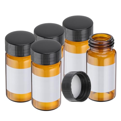 PATIKIL Small Glass Sample Bottles with Lids, 5 Pcs 20ml Amber Glass Vials with Black Screw Caps Mini Leak Proof Reagent Sealed Bottles with Writing Label for Solid Liquid Powder Storage - color: Black/Amber, size: 20ml