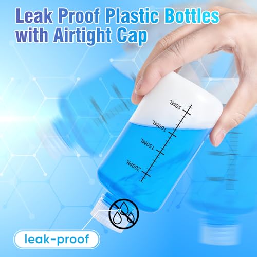 DEMORA 8oz Plastic Bottles with Airtight Caps for Liquids, Graduated Food Grade Plastic Containers, HDPE Thick Liquid Containers for Water Sample Medicine Laboratory Reagent (Translucent, 2 Pcs) - size: 8 ounces